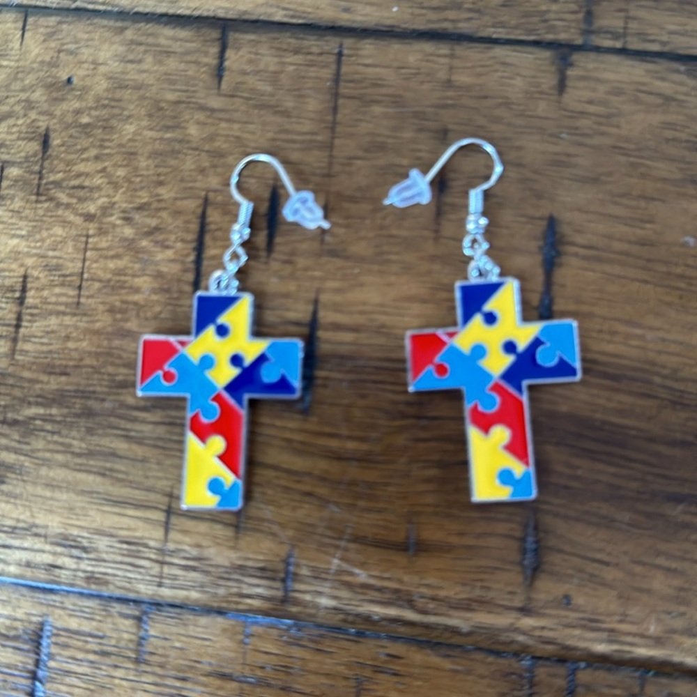 Autism Awareness Cross Puzzle Earrings - Picture 9 of 16